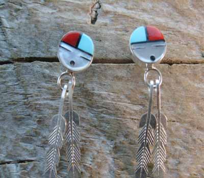 Indian Inlay Sunface Feather Earrings